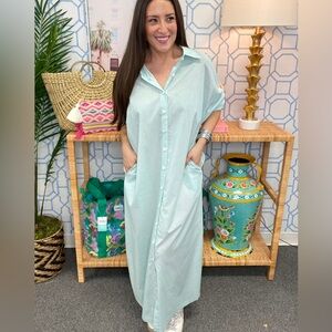 NWT Adrienne Regan Aqua Pinstripe Button-Front Midi Collared Shirt Dress Large